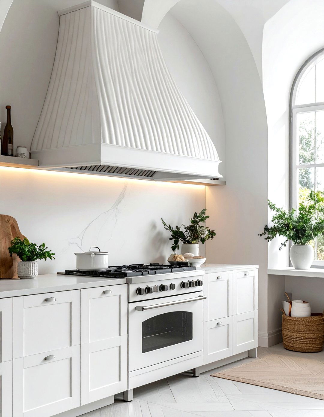 Fluted white range hood - 30 white hood kitchen ideas