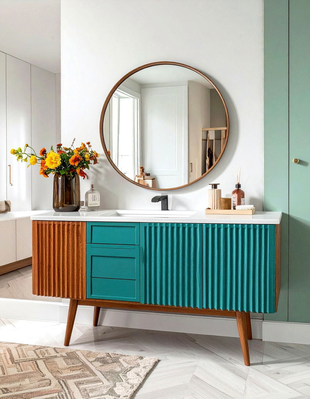 Fluted wood vanity - 30 small powder room ideas