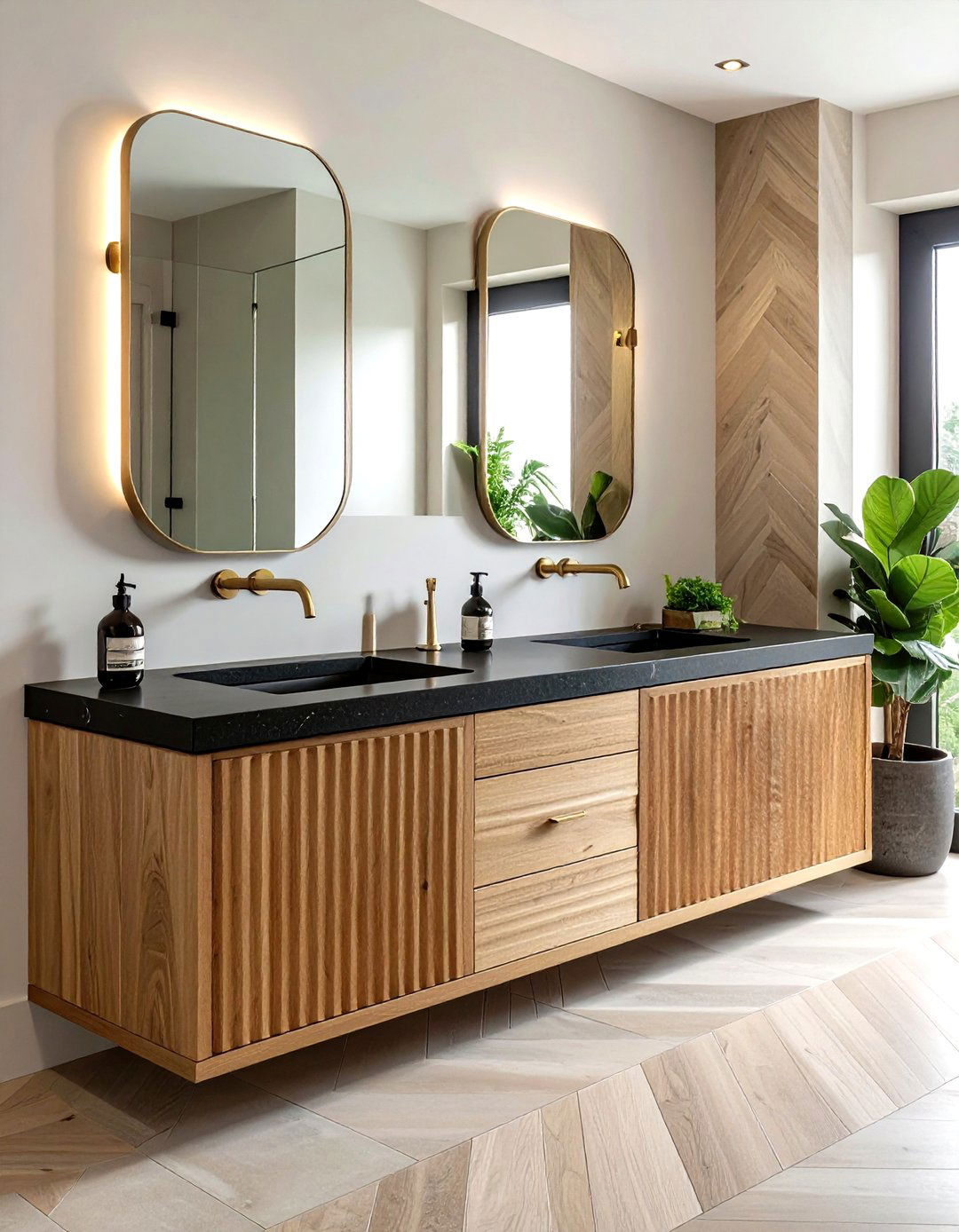 Fluted wood vanity cabinet - 30 show home bathroom ideas