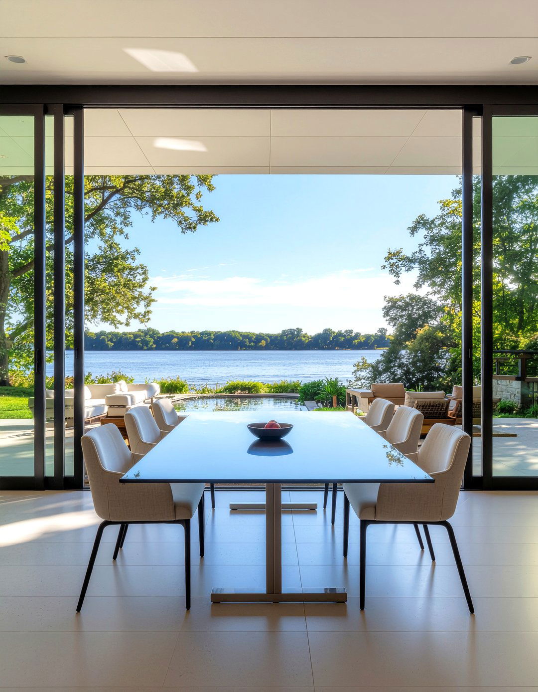 Folding glass wall system - 30 riverside dining room ideas