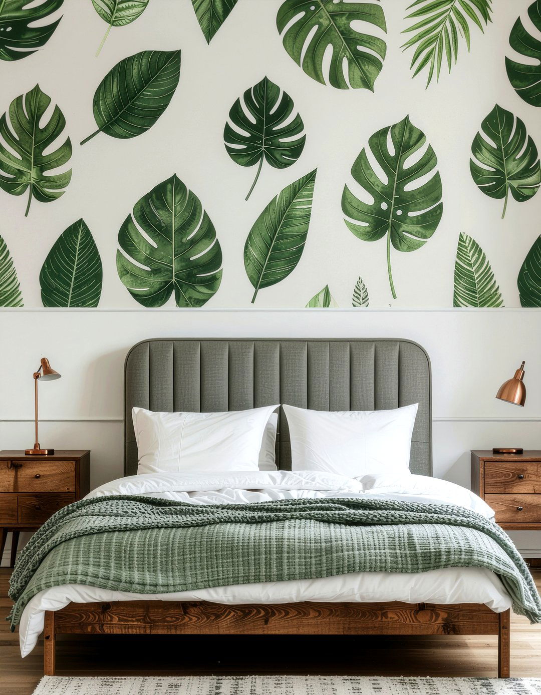 Forest Green Botanical Line Wallpaper - 30 bedroom minimalist wallpapers