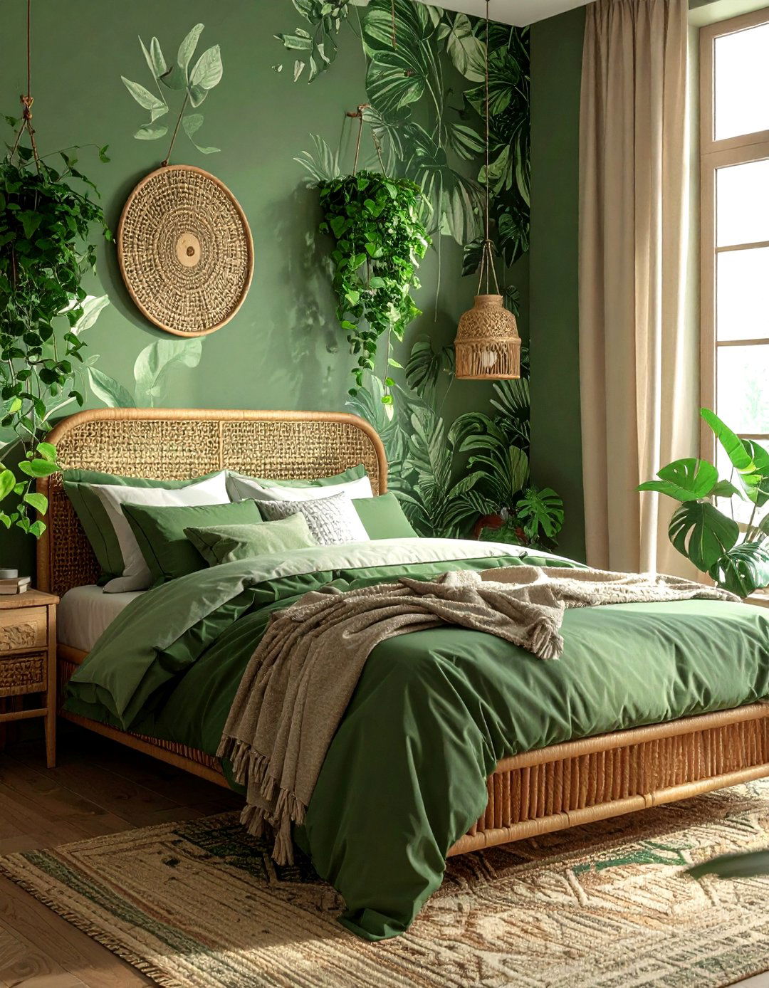 Forest green botanical wallpaper - 30 bohemian green bedroom ideas