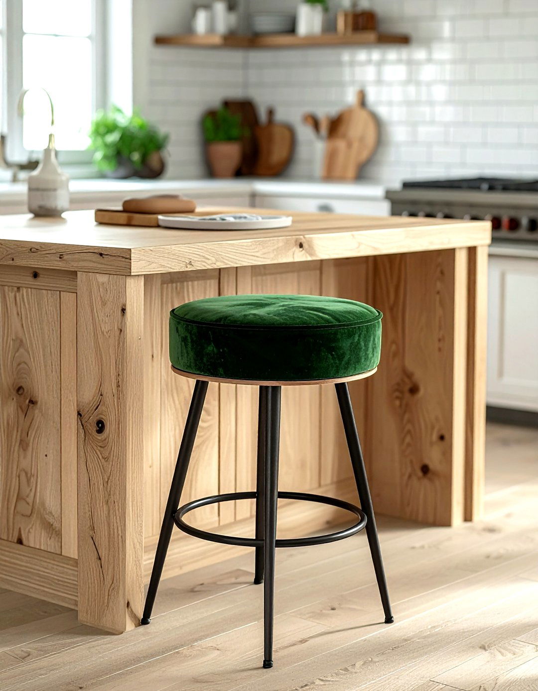 Forest green velvet padded kitchen stool - 30 velvet kitchen ideas