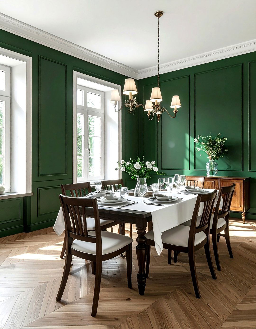 Forest green wainscoting white walls - 30 green and white dining room ideas
