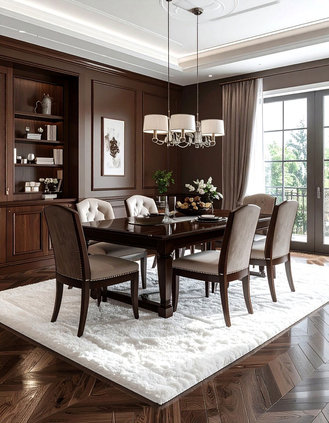 Formal brown dining room white rug - 30 brown and white dining room ideas