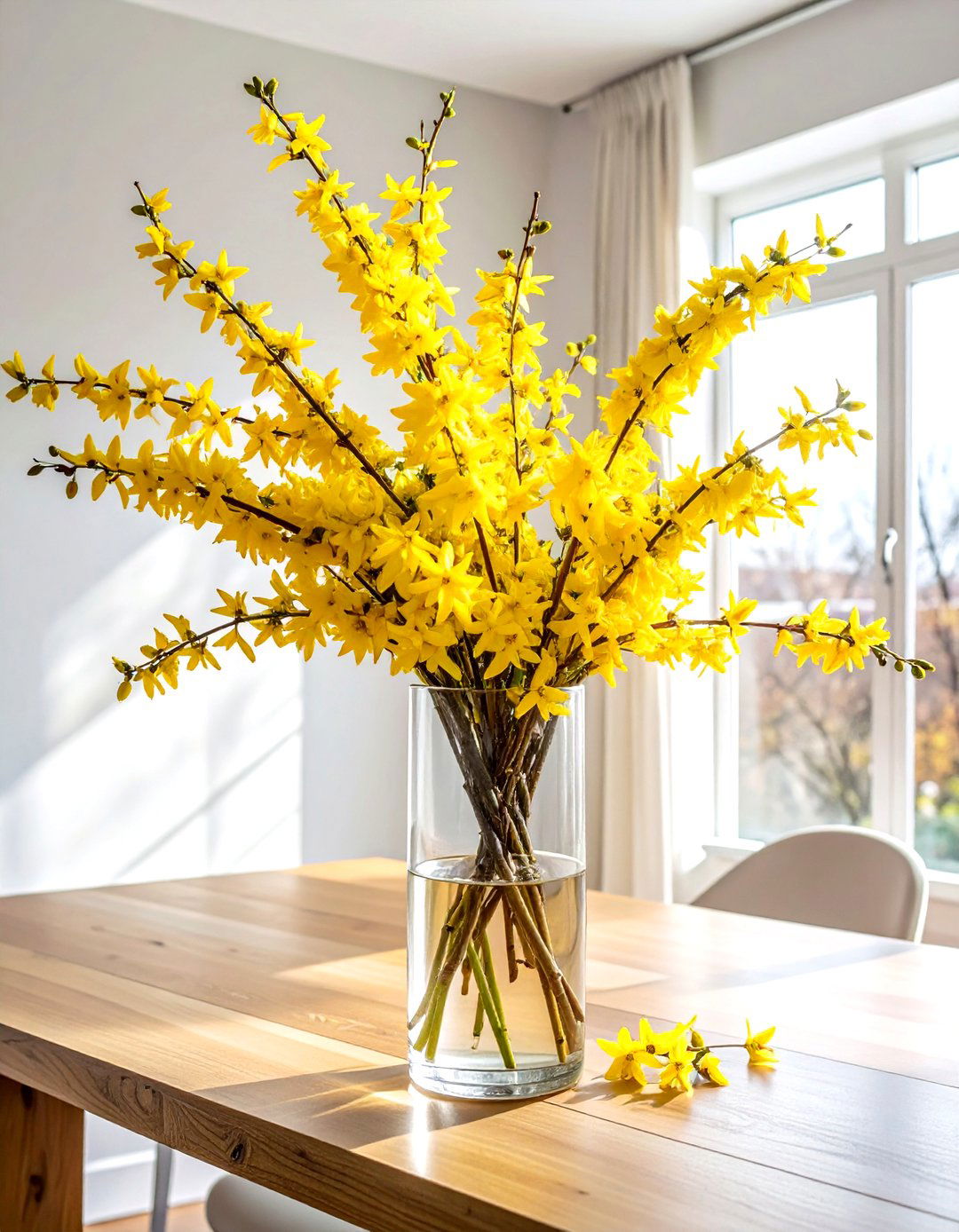 Forsythia Branch In Clear Glass - 30 tall centerpiece dining ideas