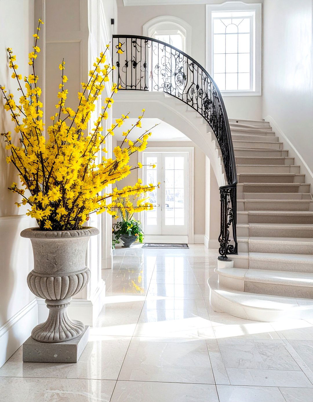 Forsythia branches in large urn - 30 vase arrangement ideas