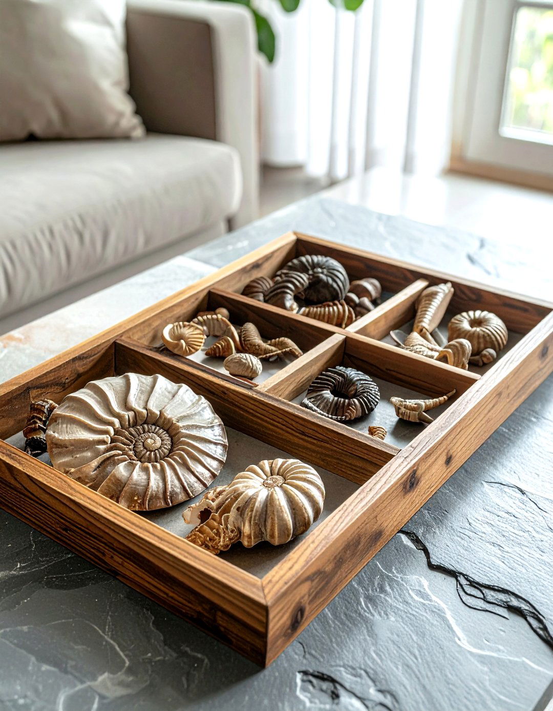 Fossil collection in wooden tray - 30 curiosity decor ideas