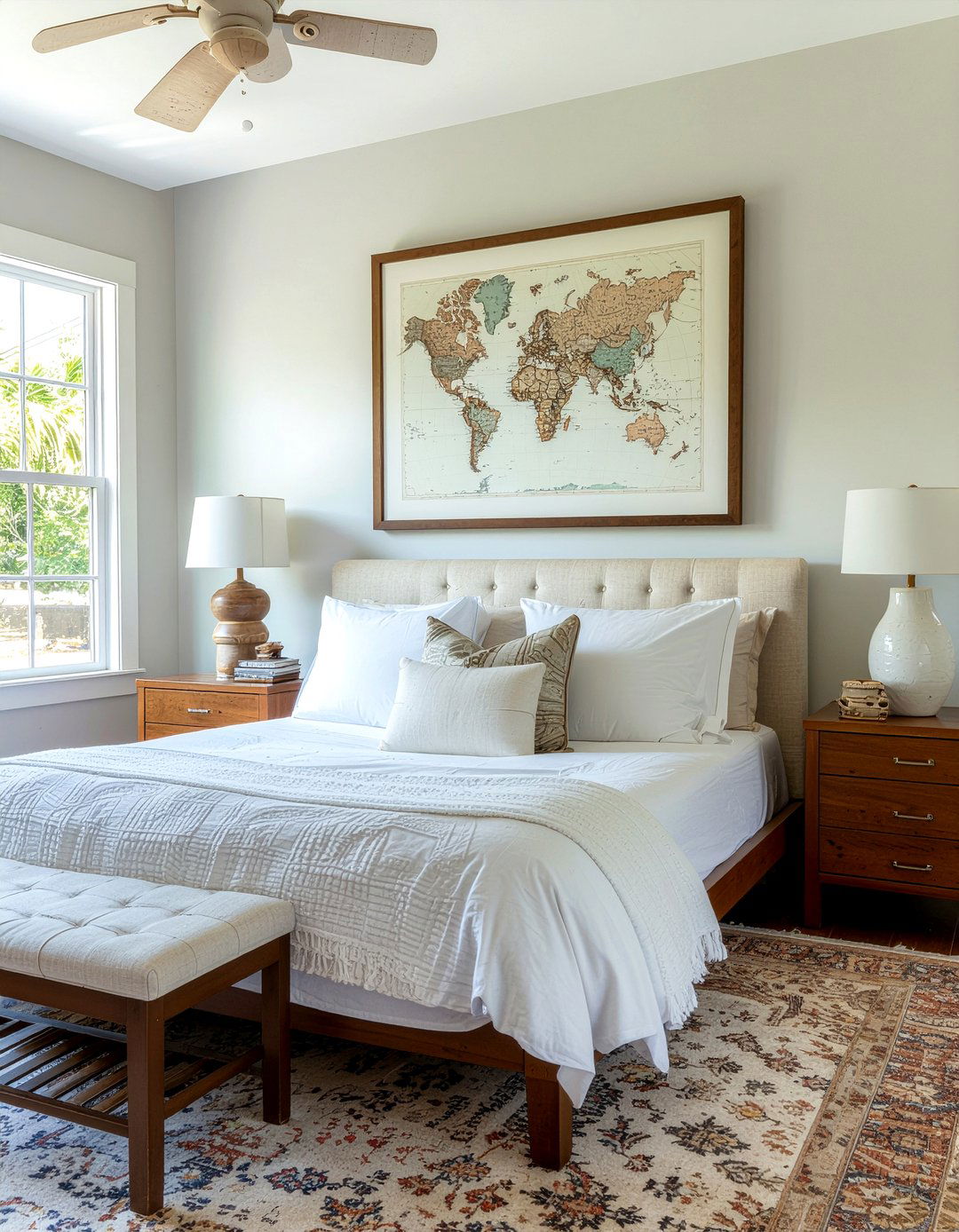 Framed Vintage Map Gallery Wall - 30 world map bedroom ideas
