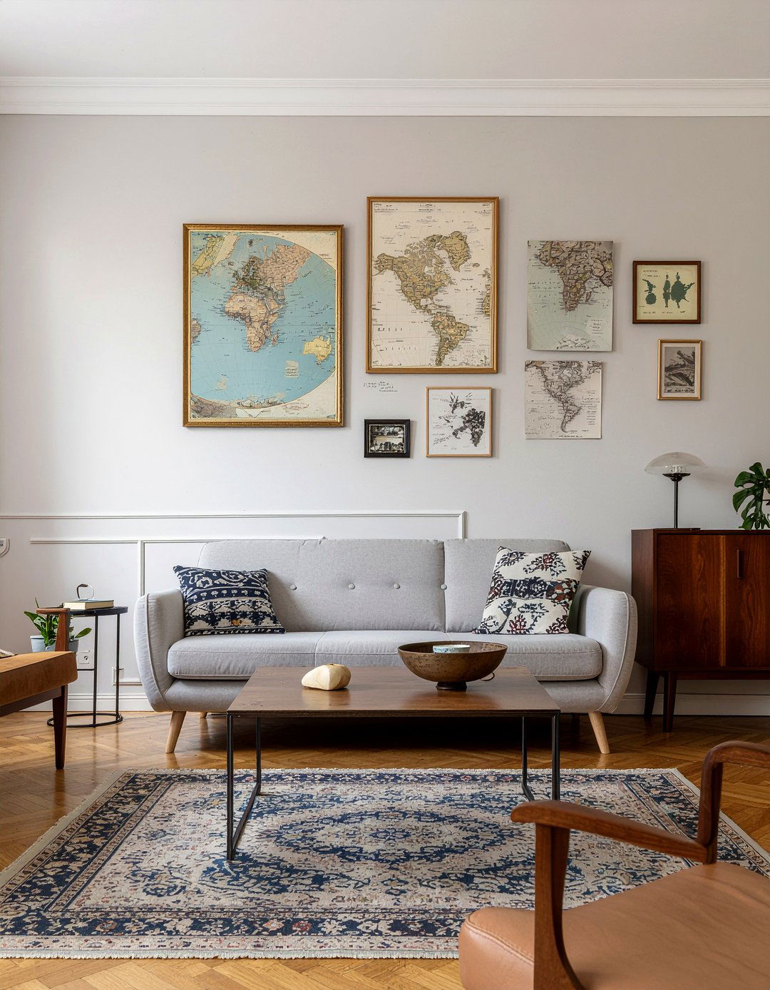 Framed vintage maps - 30 thrifted living room ideas