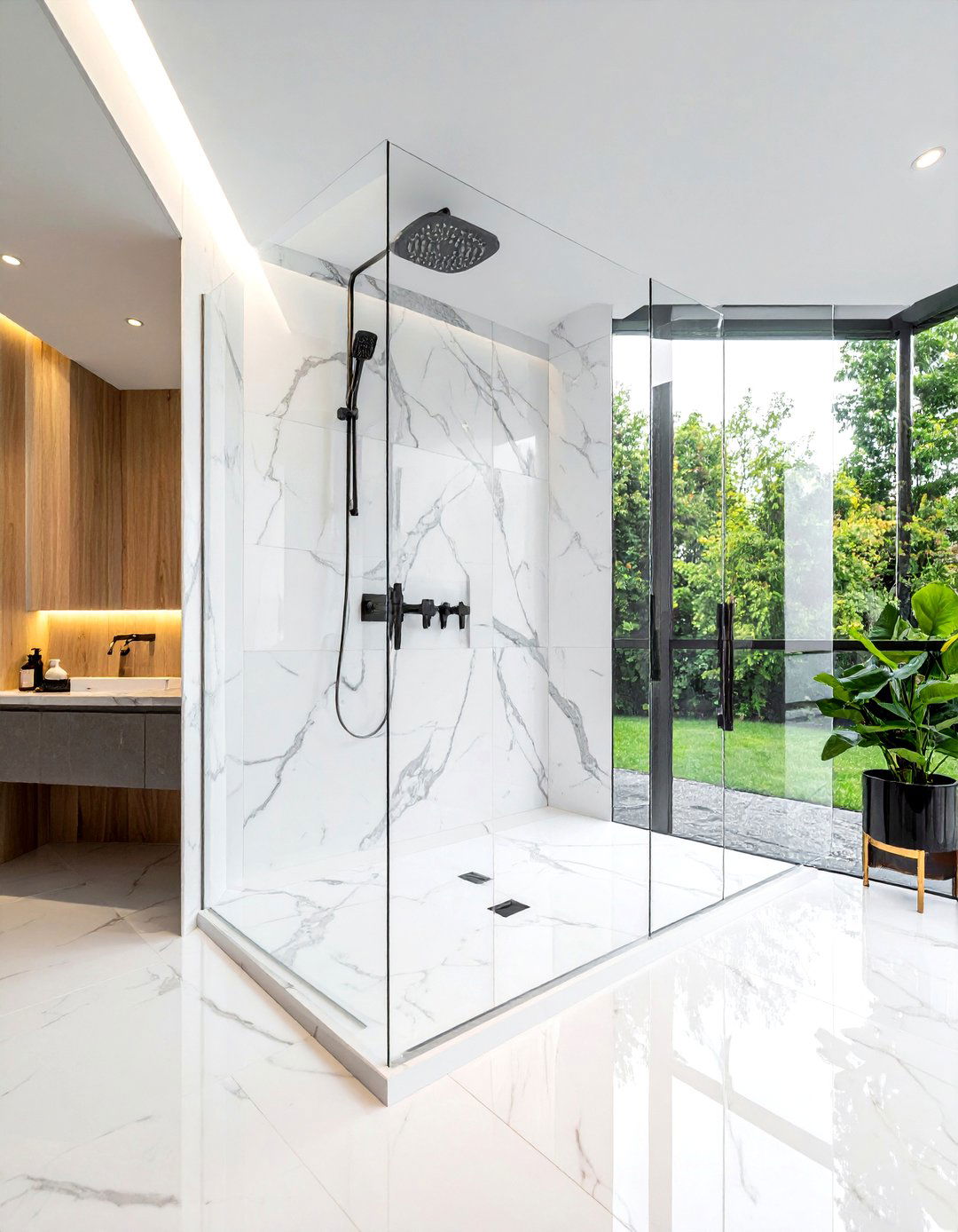 Frameless glass marble shower - 30 white marble bathroom ideas