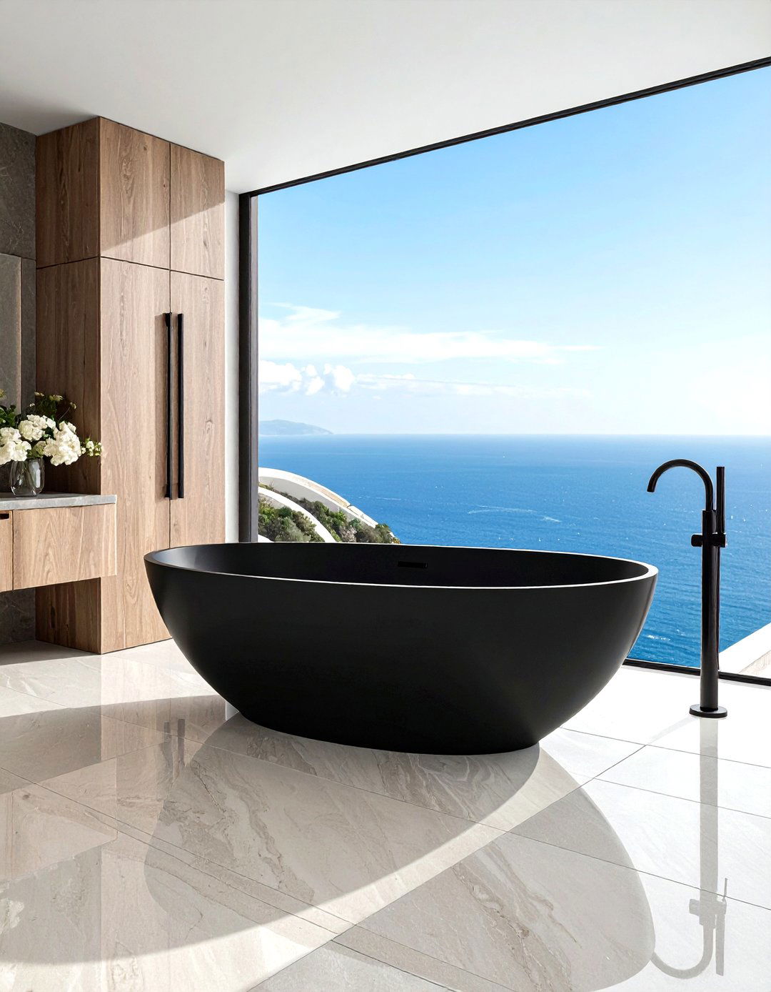Freestanding black bathtub