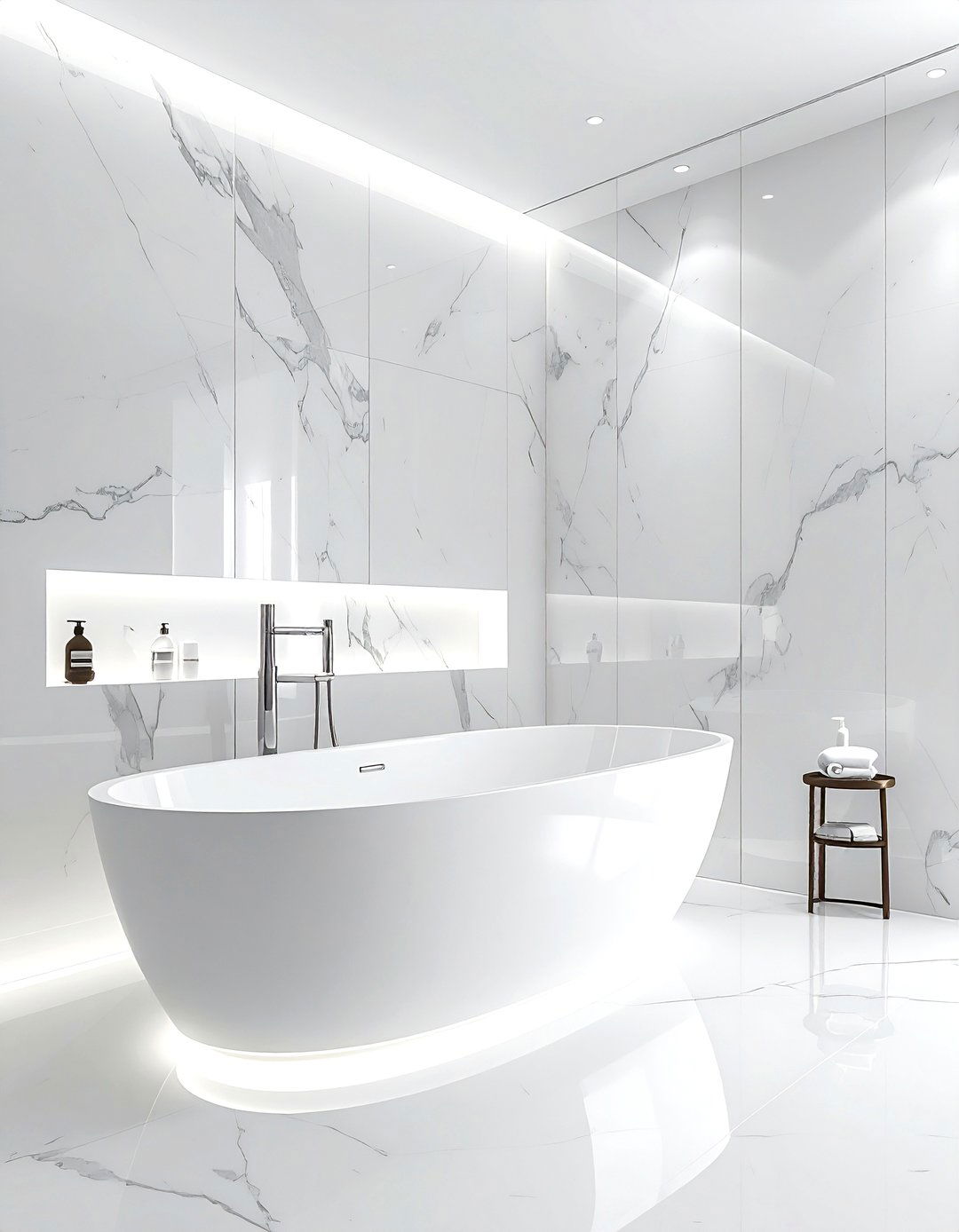 Freestanding tub marble backdrop - 30 Statuario marble bathroom ideas