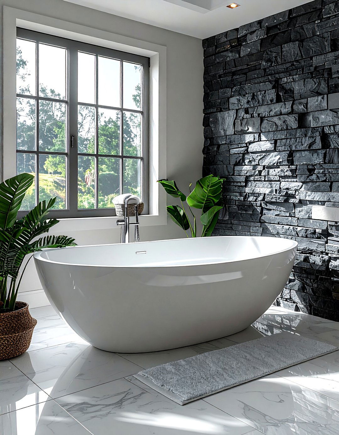 Freestanding tub with stacked stone backdrop - 30 stacked stone bathroom ideas