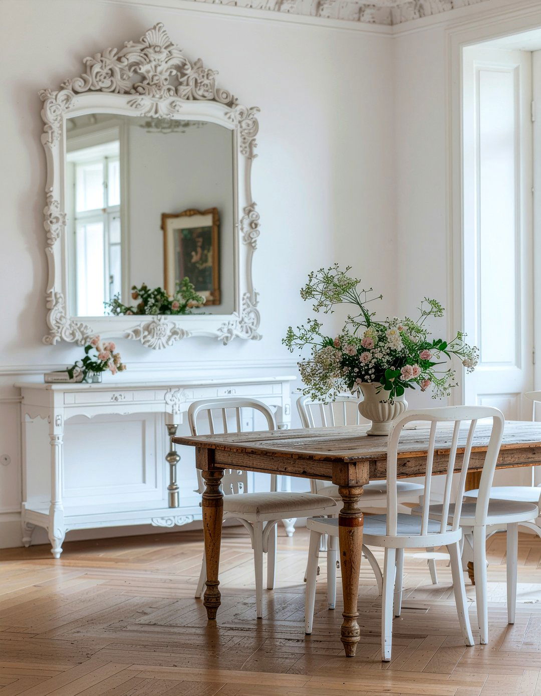 French Provincial Dining Room With White Ornate Mirror - 30 ornate mirror dining room ideas
