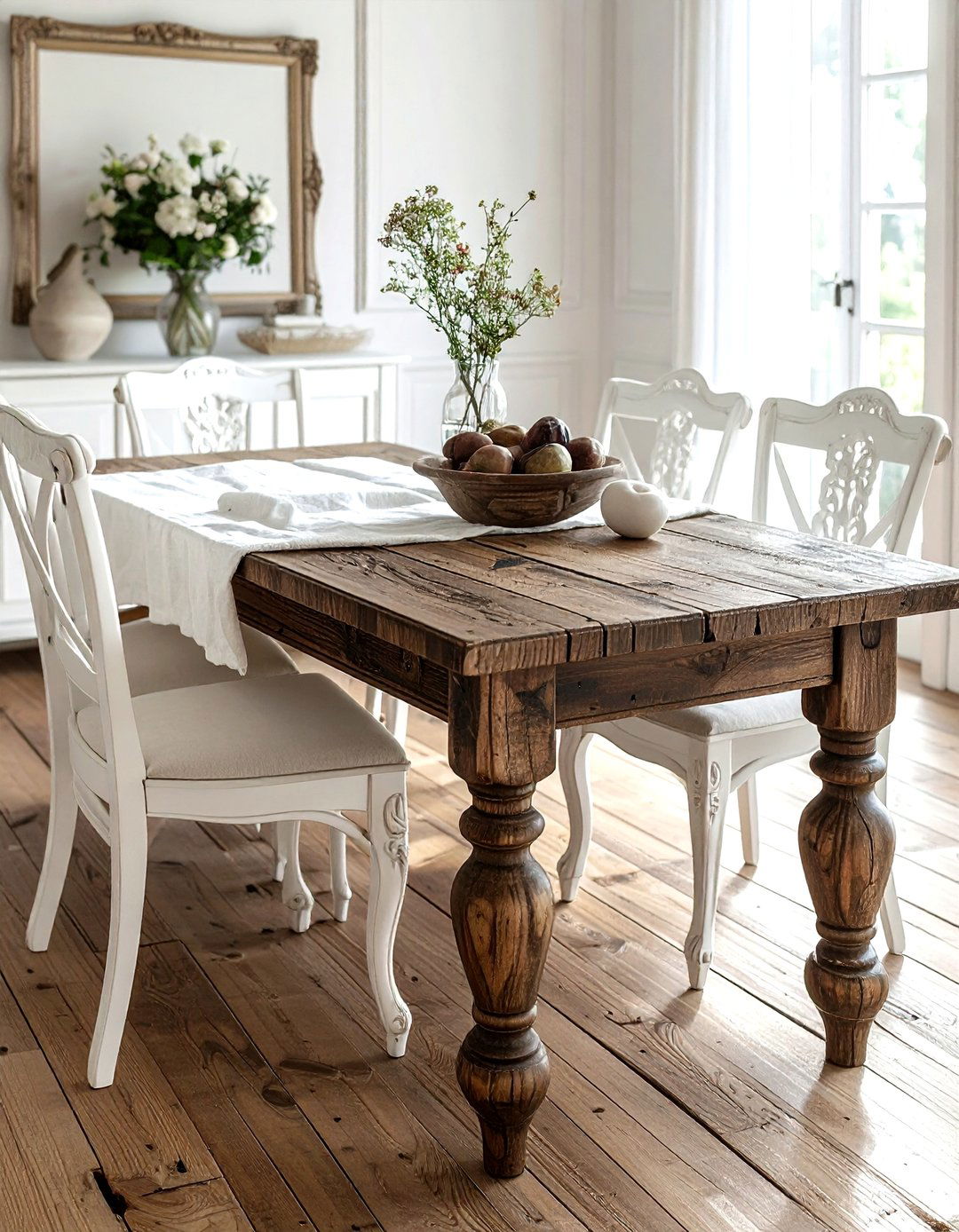 French country wood table white chairs - 30 brown and white dining room ideas