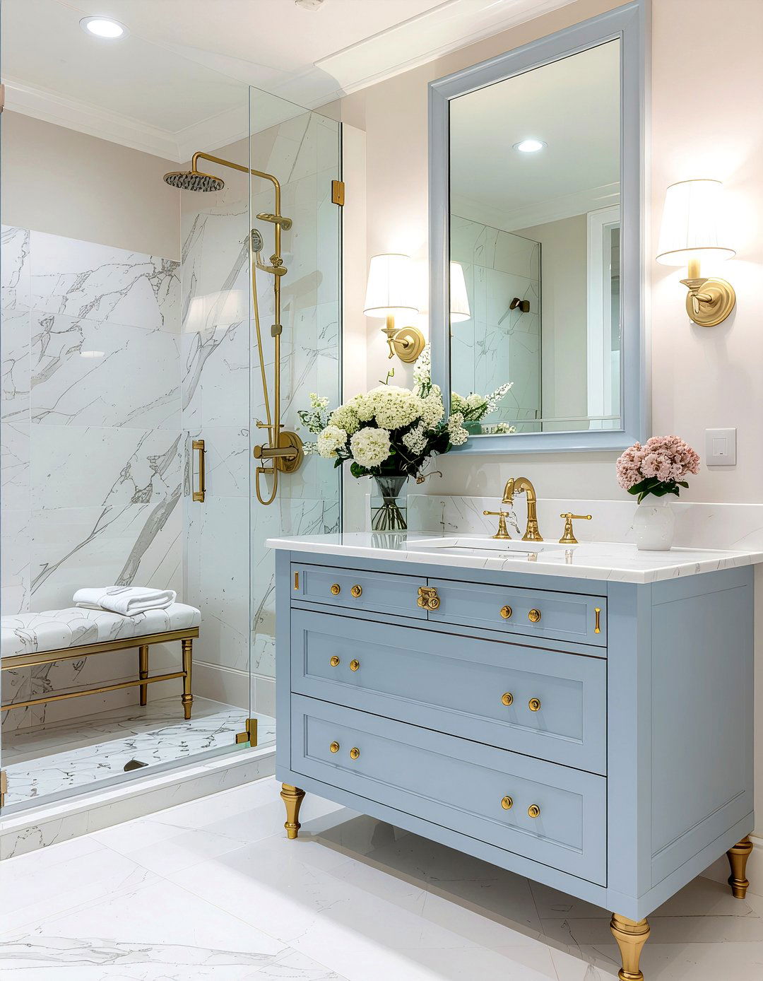French provincial vanity walk in shower - 30 bathroom era mixing ideas