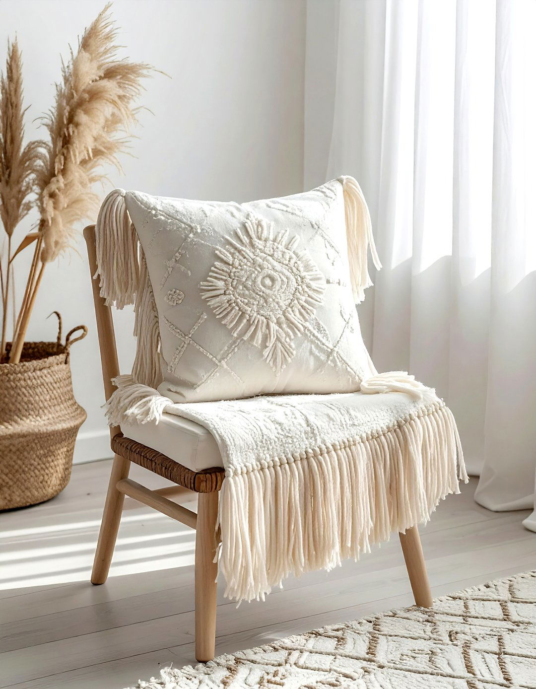 Fringe decorative pillow - 30 bohemian cream bedroom ideas