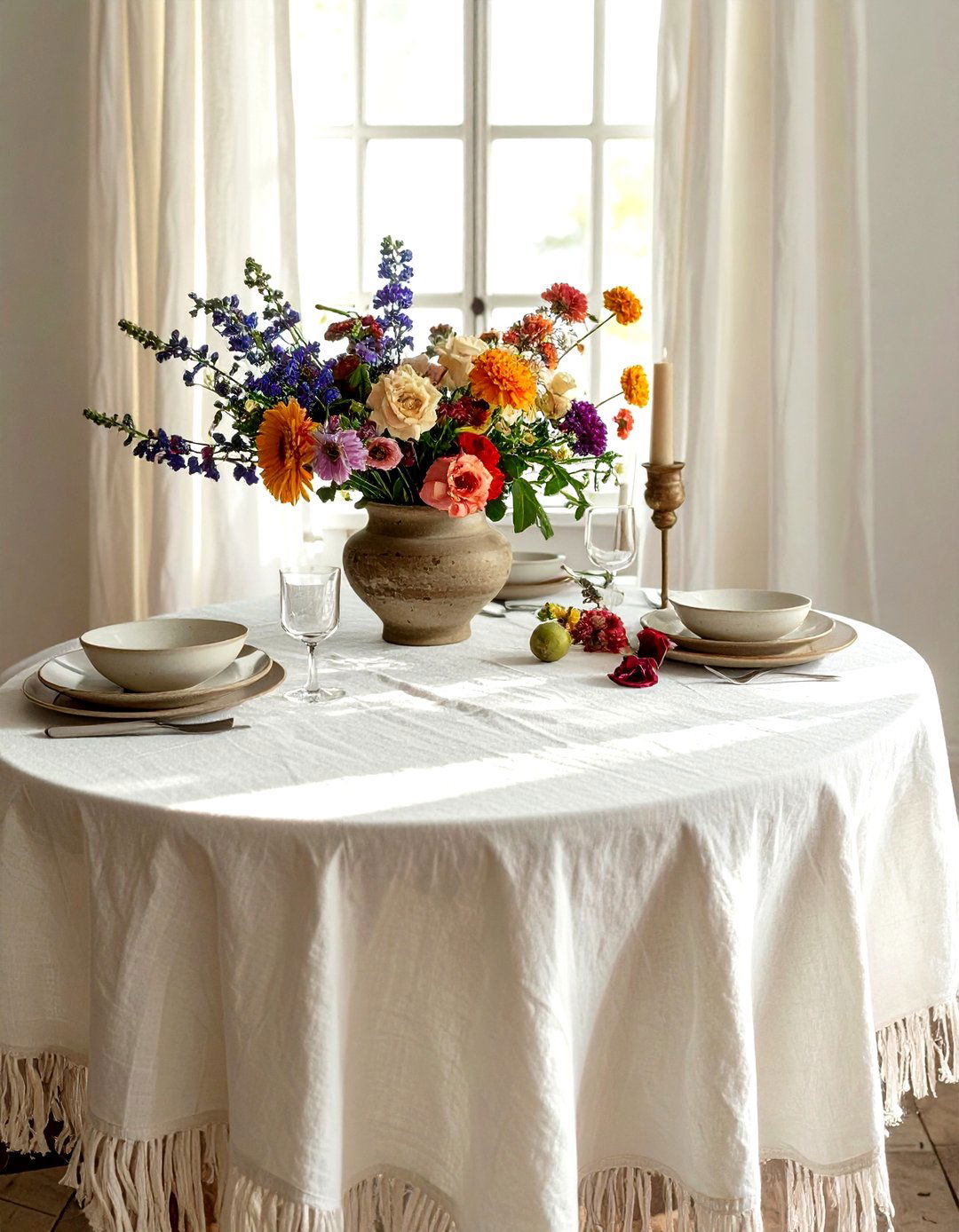 Fringed Linen Tablecloth - 30 linen dining room ideas