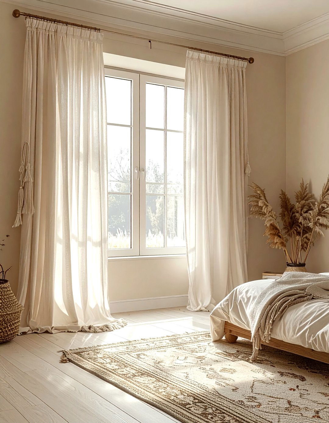 Fringed Window Curtain - 30 bohemian beige bedroom ideas