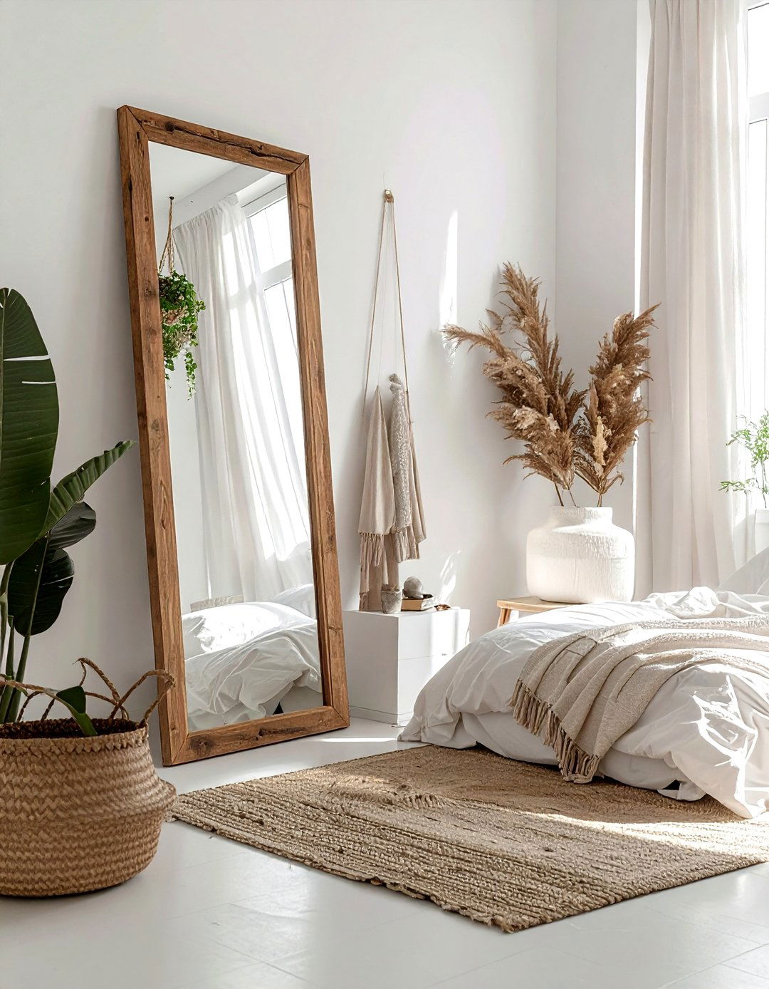 Full length leaning mirror - 30 bohemian white bedroom ideas