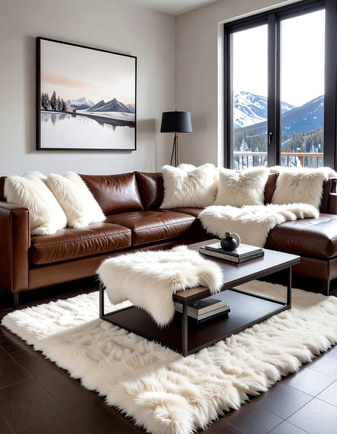 Fur Pillow On Smooth Leather - 30 mixed texture decor ideas