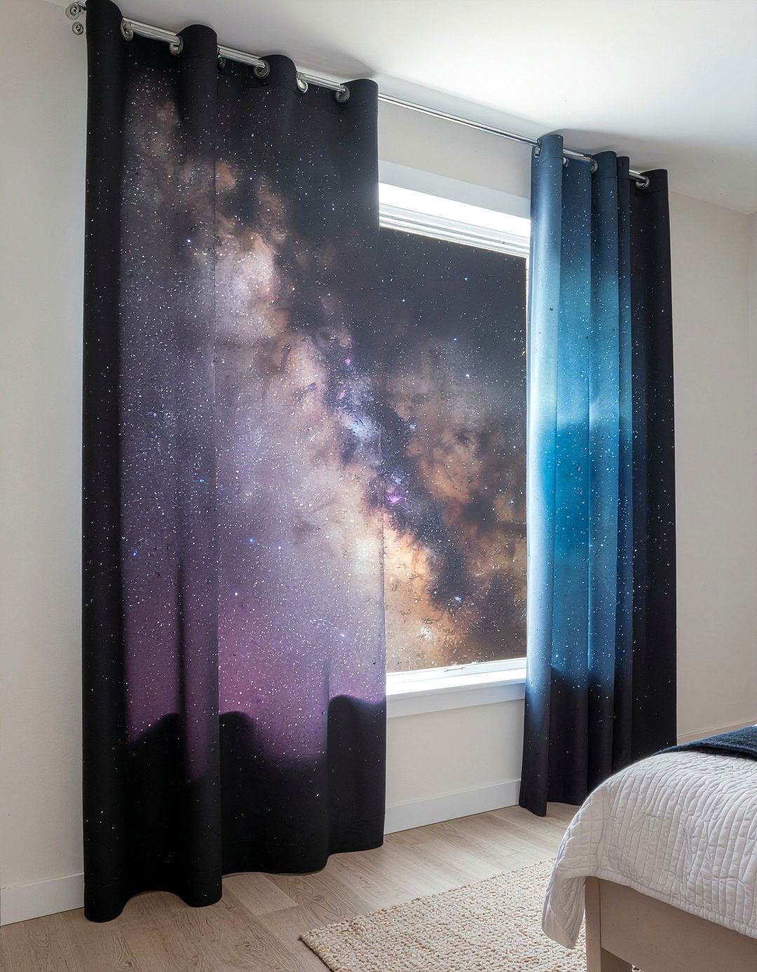 Galaxy print curtains - 30 galaxy bedroom ideas