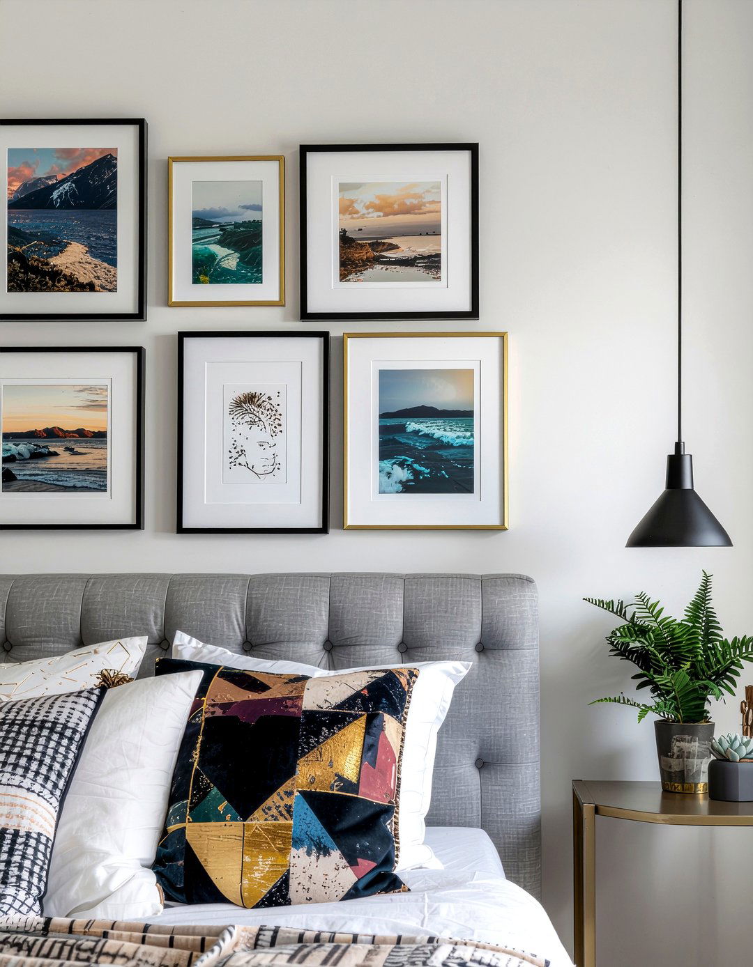 Gallery wall with adhesive strips - 30 renter bedroom ideas