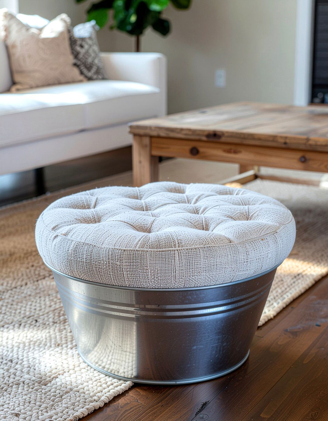 Galvanized metal bucket ottoman - 30 living room salvaged furniture ideas