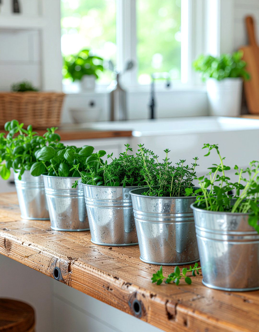 Galvanized metal herb buckets kitchen - 30 kitchen window herb garden ideas