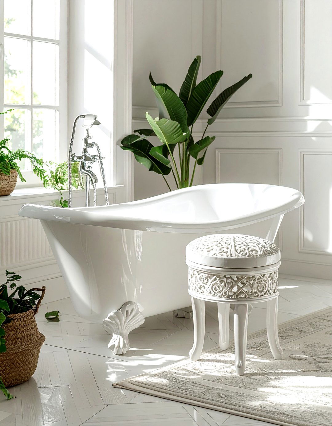 Garden stool next to tub - 30 bathroom seating arrangements ideas