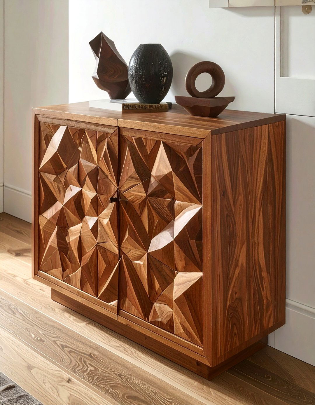 Geometric Carved Wood Cabinet - 30 living room cabinet storage ideas