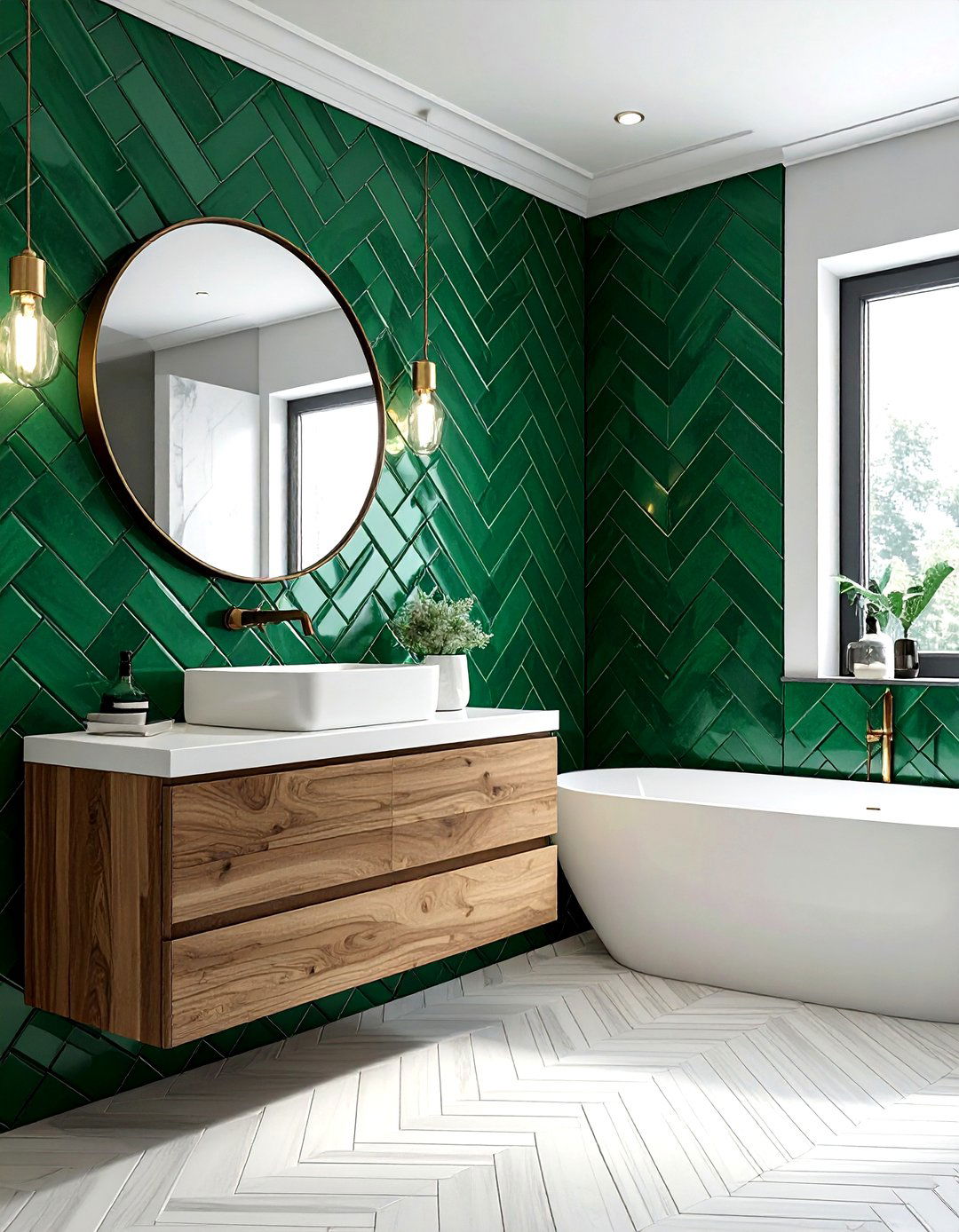 Geometric Emerald Green Tile - 30 emerald and white bathroom ideas