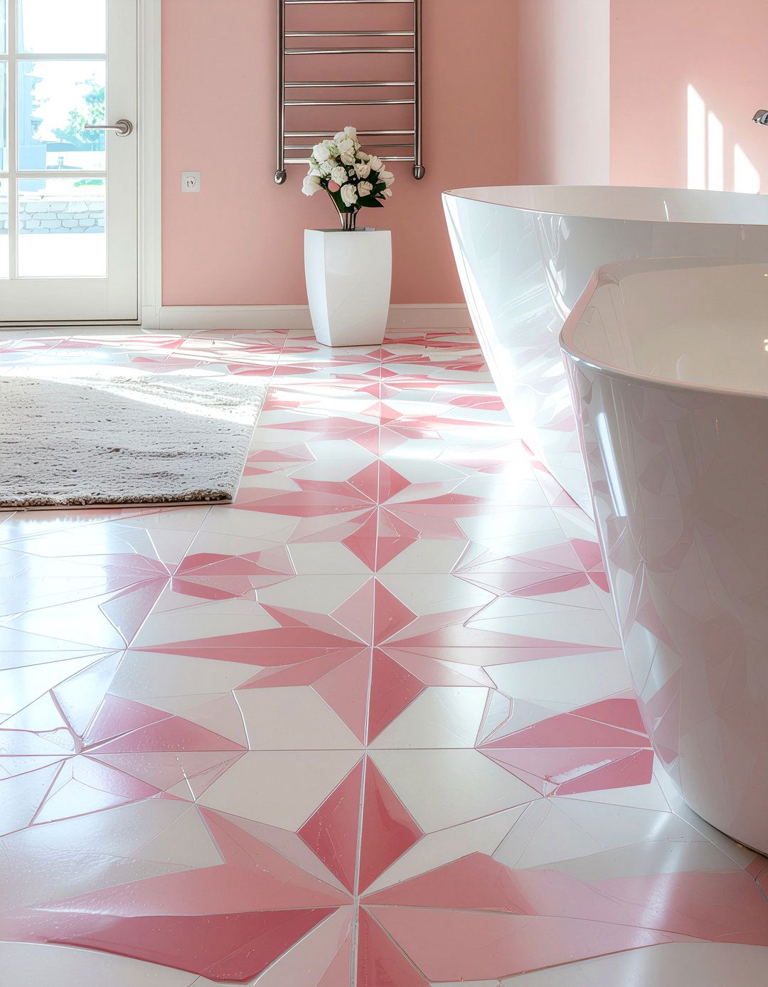 Geometric Floor Tile - 30 millennial pink bathroom ideas
