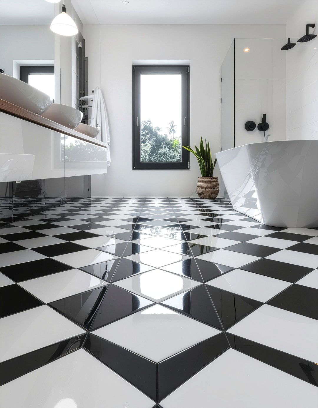 Geometric Monochrome Floor Tile - 30 bathroom floor statement ideas