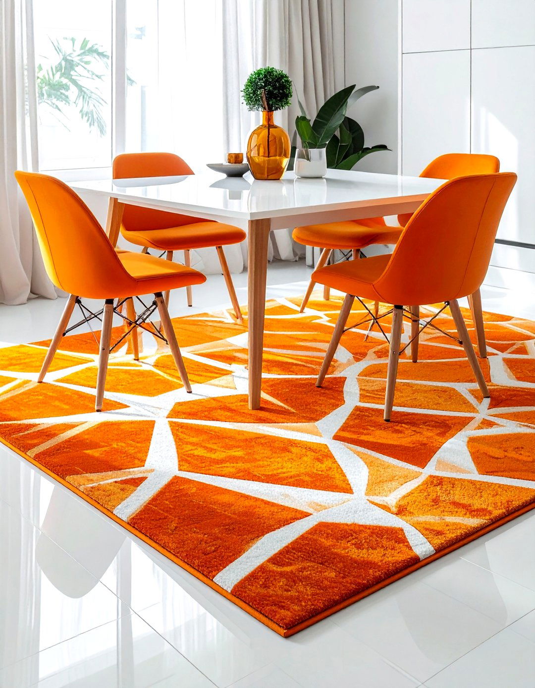 Geometric Orange Rug White Dining Table - 30 orange and white dining room ideas