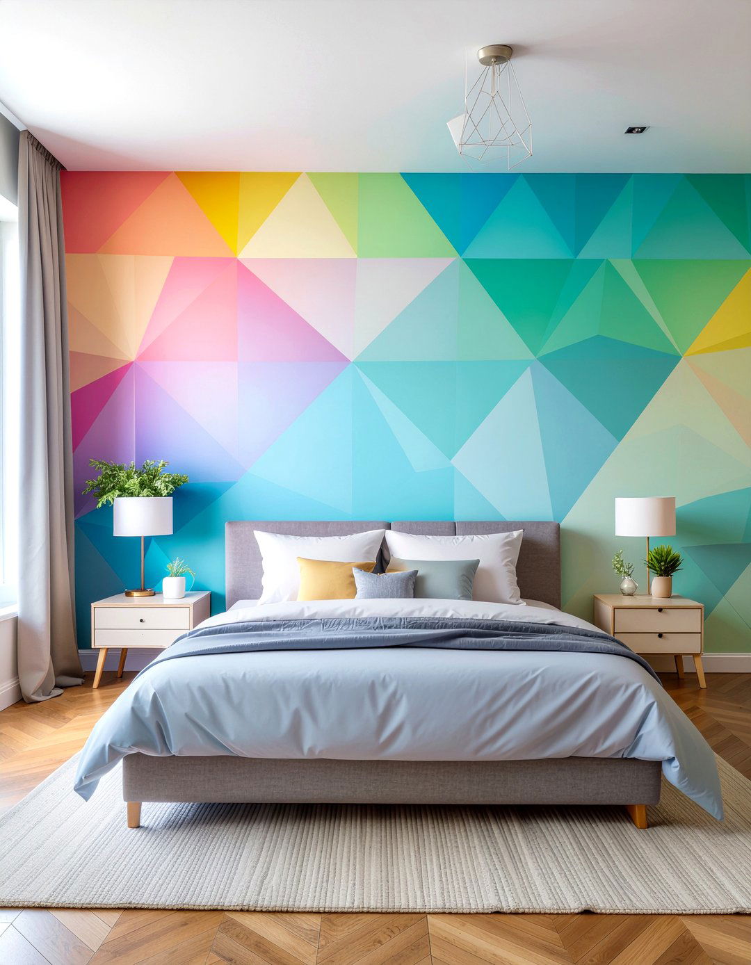 Geometric Rainbow Mural - 30 rainbow bedroom ideas