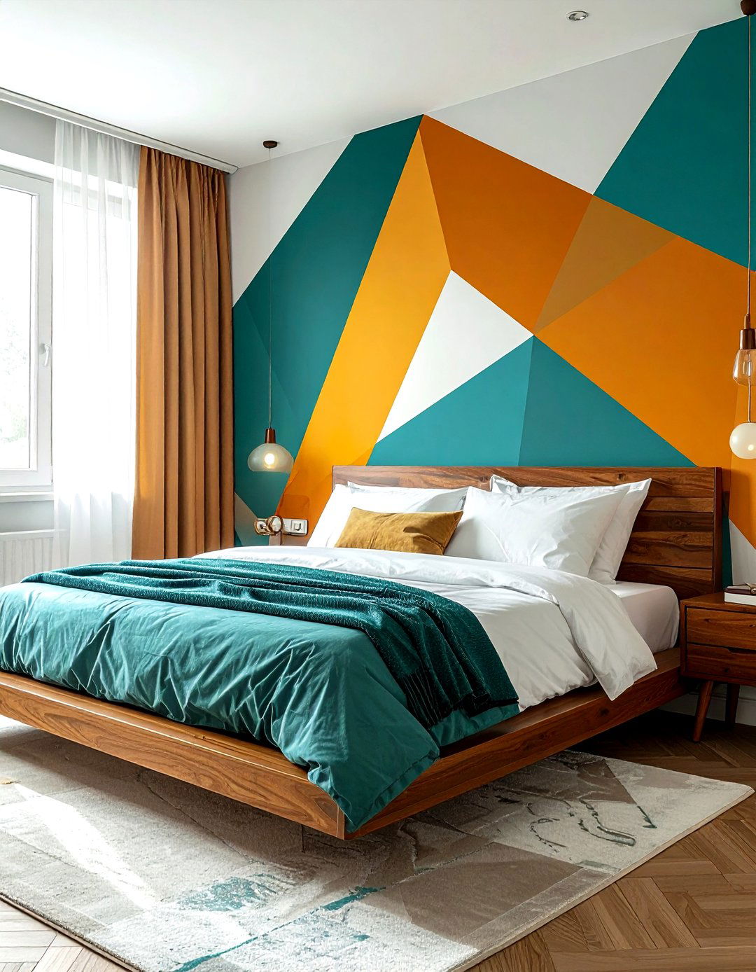 Geometric Wallpaper Accent - 30 mid-century modern bedroom ideas