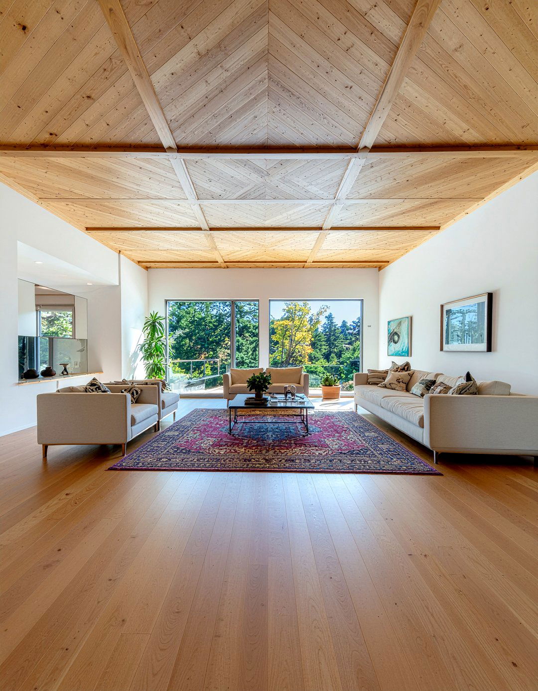 Geometric Wood Ceiling - 30 living room wood plank ceiling ideas