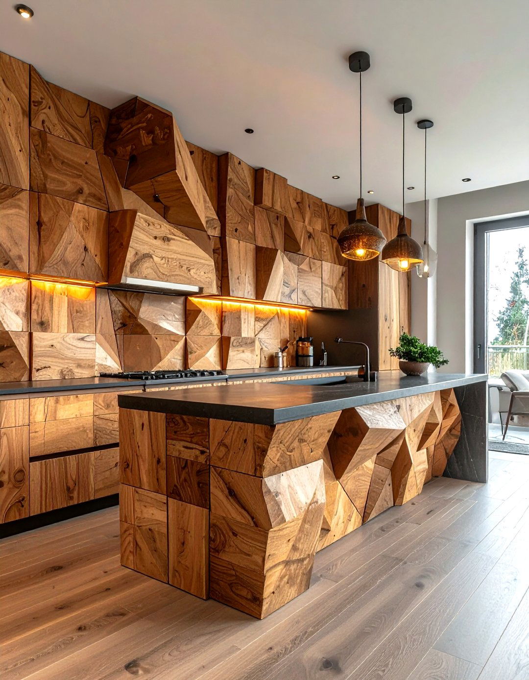 Geometric Wood Wall - 30 kitchen wood wall ideas