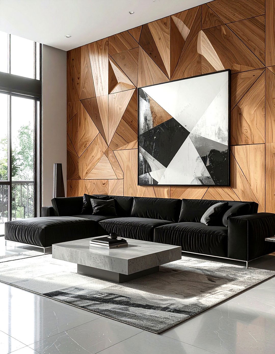 Geometric Wood Wall Pattern - 30 living room plank wall ideas