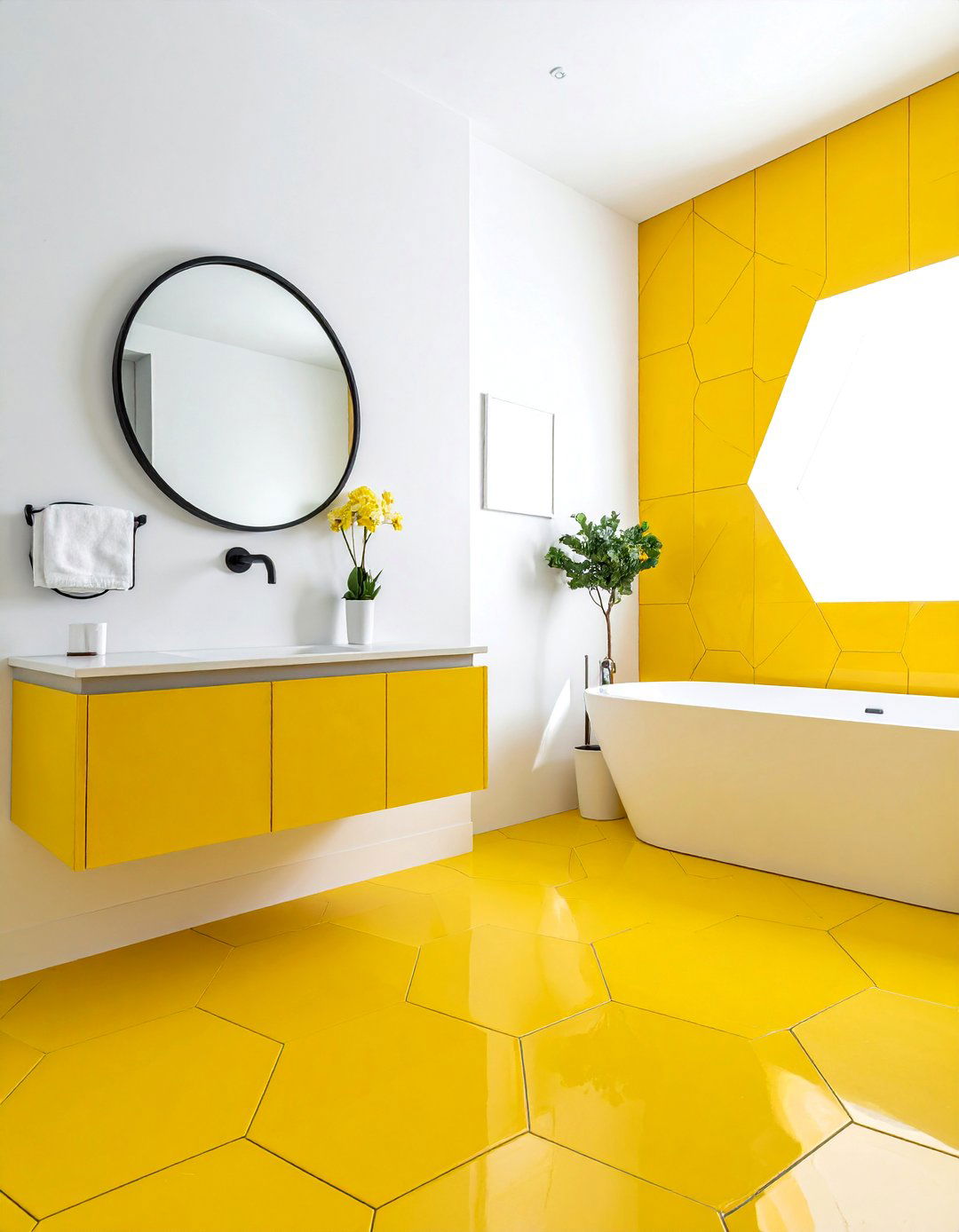 Geometric Yellow Bathroom Floor - 30 yellow bathroom ideas