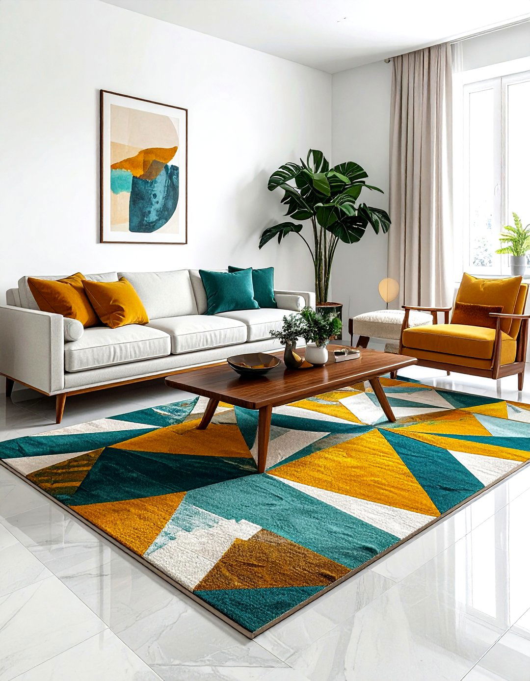 Geometric area rug living room - 30 living room mid-century furniture ideas