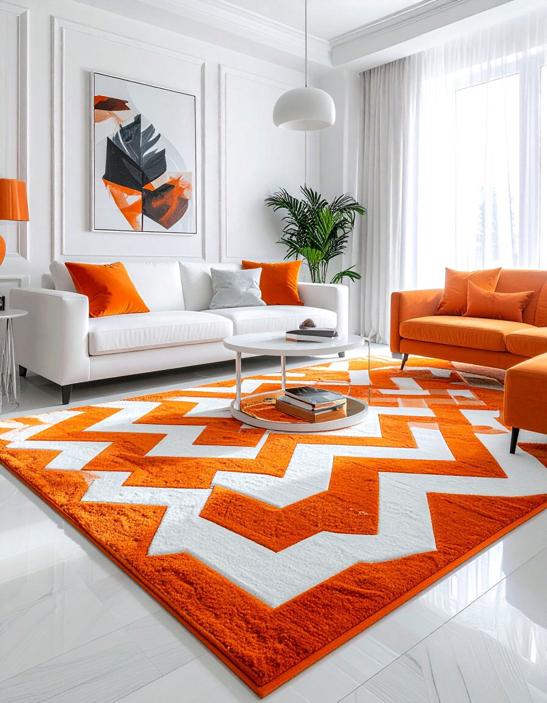 Geometric orange and white rug - 30 orange and white living room ideas