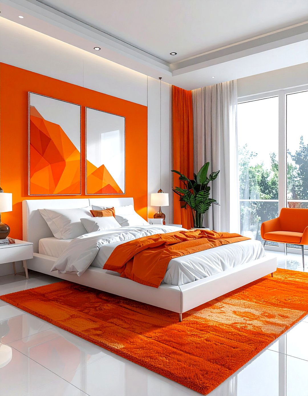 Geometric orange wall art bedroom - 30 orange and white bedroom ideas