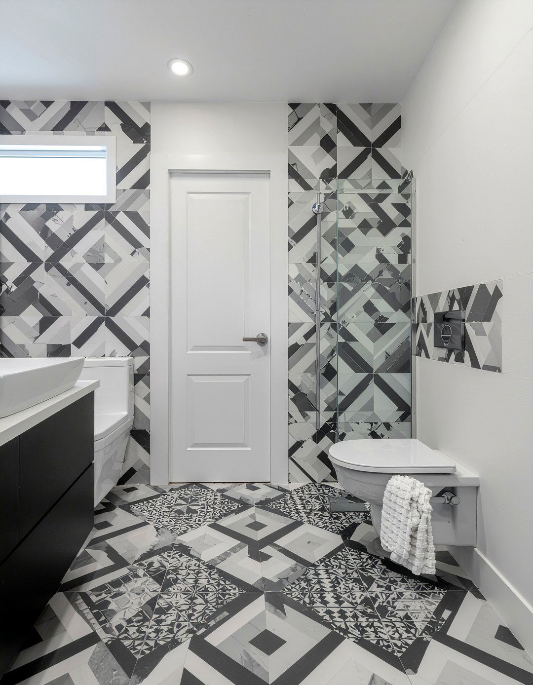 Geometric pattern bathroom tile - 30 floor to ceiling tile bathroom ideas
