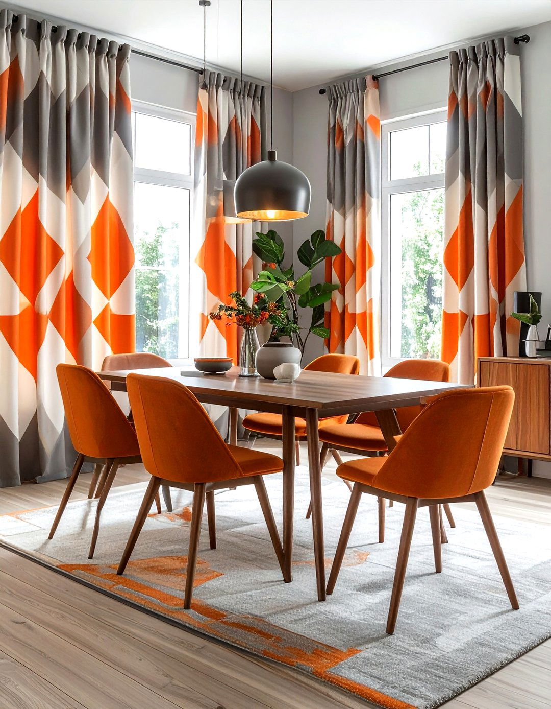 Geometric pattern dining drapes - 30 floor length curtain dining room ideas