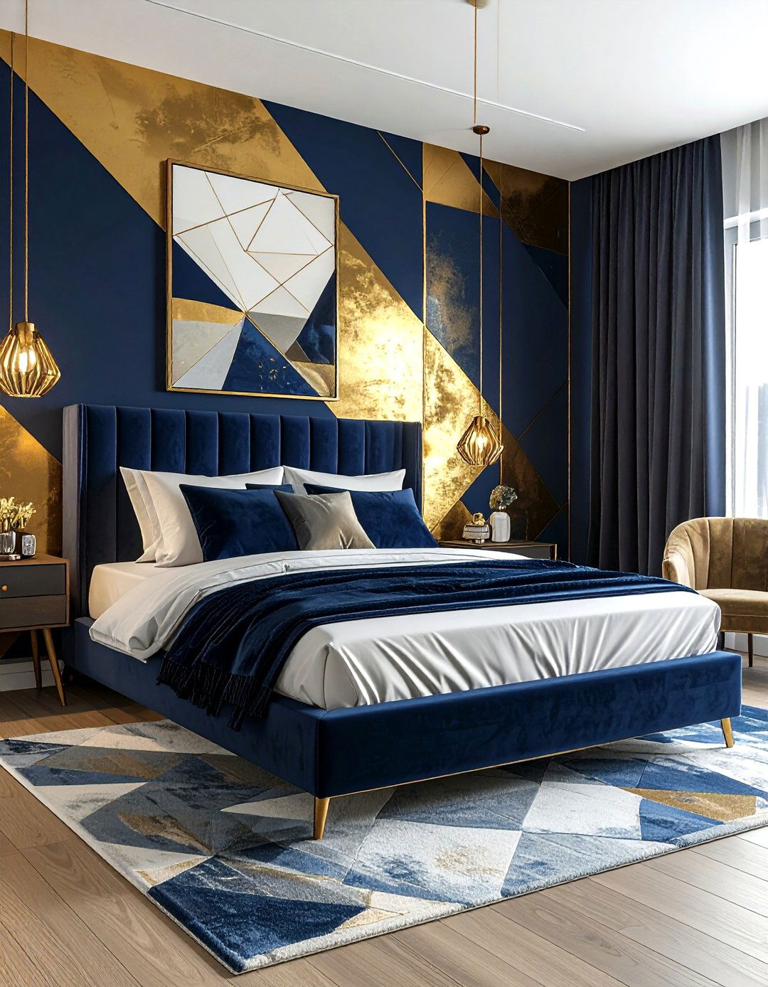 Geometric pattern wallpaper bedroom - 30 mid-century glam bedroom ideas