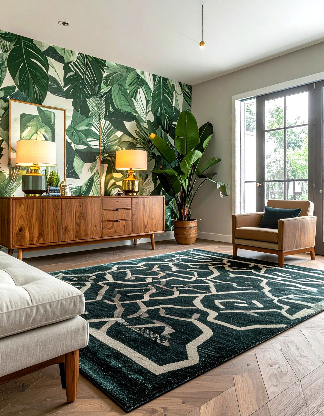 Geometric rug and organic wallpaper - 30 pattern mixing decor ideas