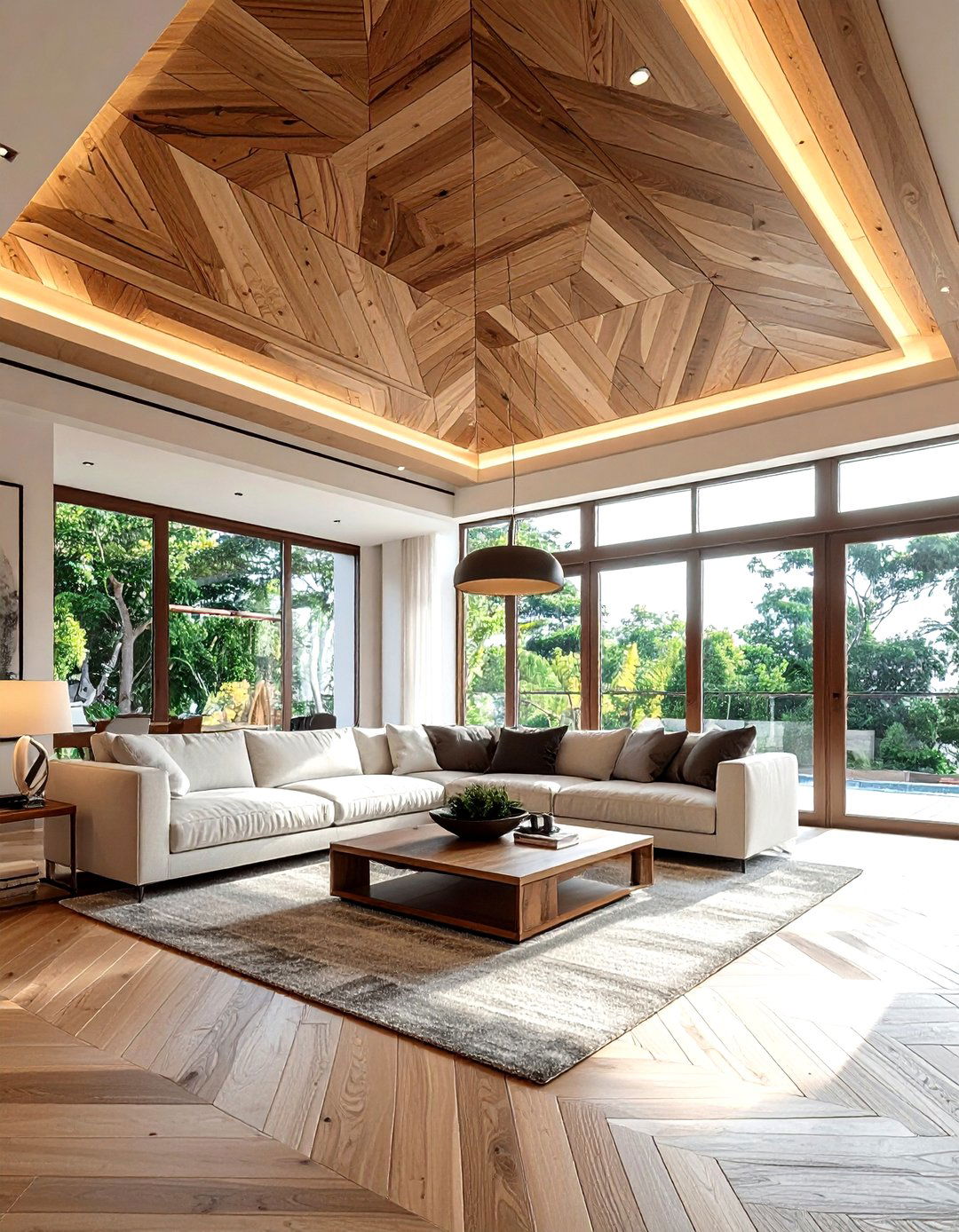 Geometric wood ceiling - 30 living room textured ceiling ideas